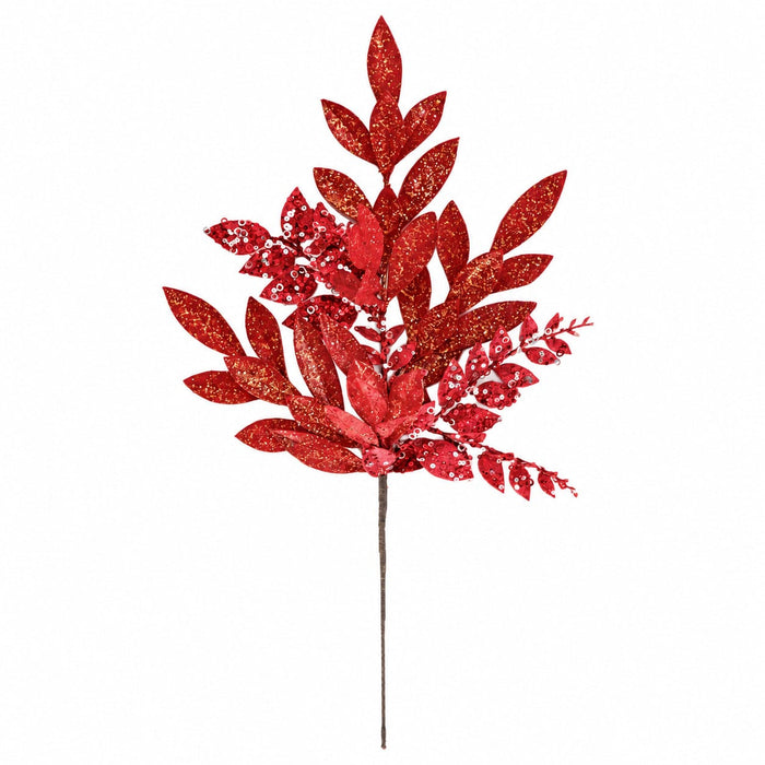 27" Glittered & Sequined Artificial Mixed Bay & Ruscus Leaf Stem -Burgundy (Pack of 12) - A-260092