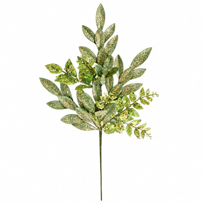 27" Glittered & Sequined Artificial Mixed Bay & Ruscus Leaf Stem -Green (Pack of 12) - A-260096