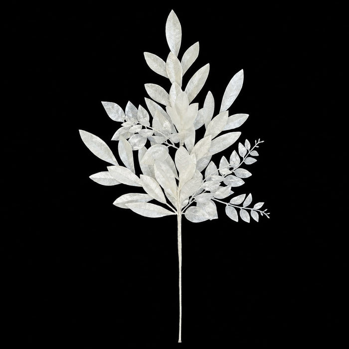 27" Pearlized Artificial Bay Leaf & Ruscus Stem -White/Iridescent (Pack of 12) - A-260170