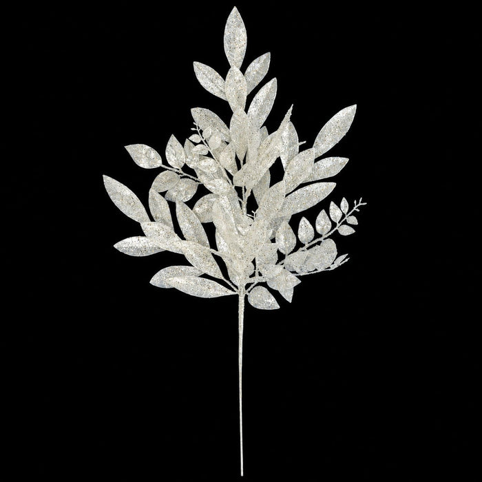 27" Glittered & Sequined Artificial Mixed Bay & Ruscus Leaf Stem -White/Iridescent (Pack of 12) - A-260184