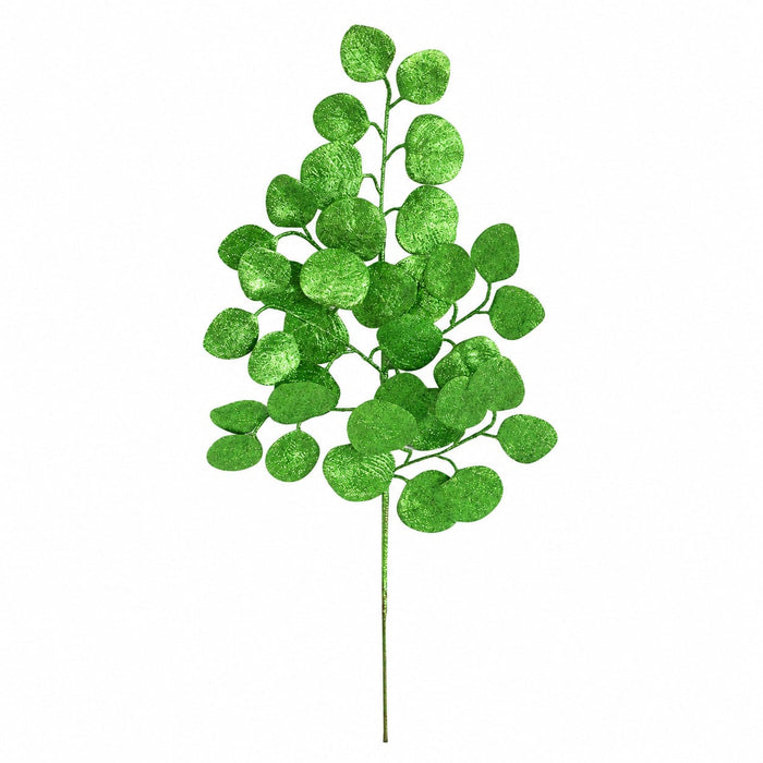 28" Glittered Artificial Silver Dollar Eucalyptus Leaf Stem -Emerald Green (Pack of 24) - A-260222