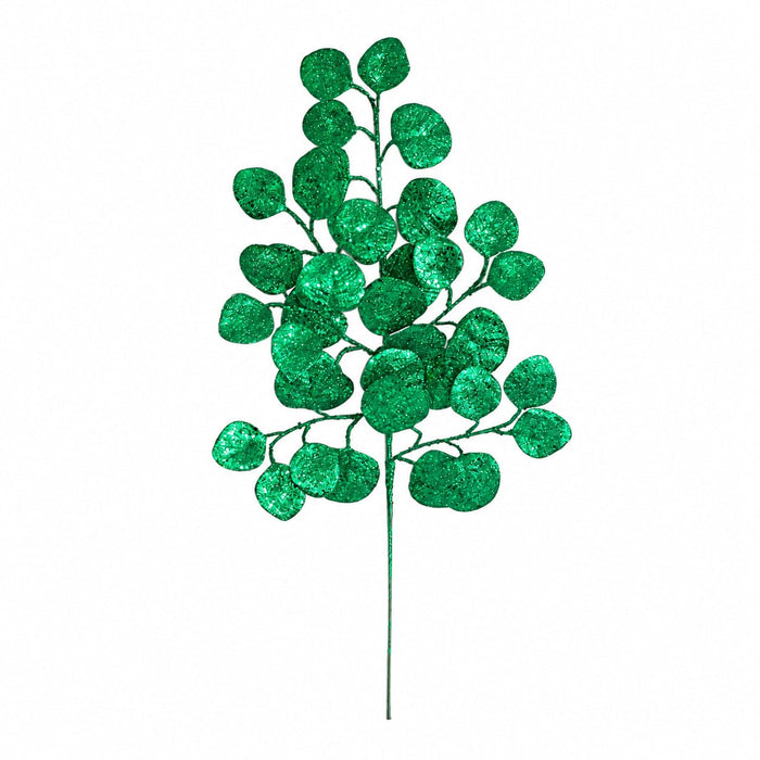 28" Glittered Artificial Silver Dollar Eucalyptus Leaf Stem -Green (Pack of 24) - A-260223
