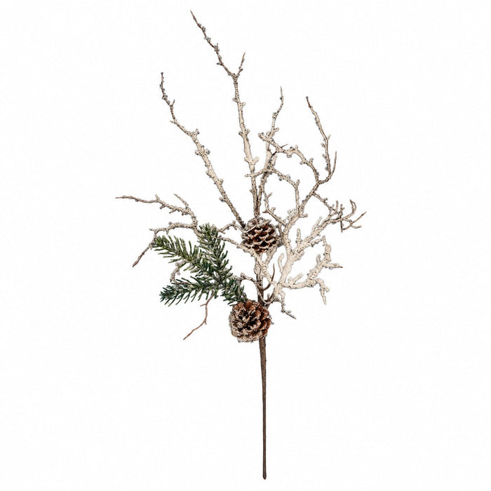 27" Flocked Snowy Twig & Pinecone Artificial Stem -White/Brown (Pack of 12) - A-260310