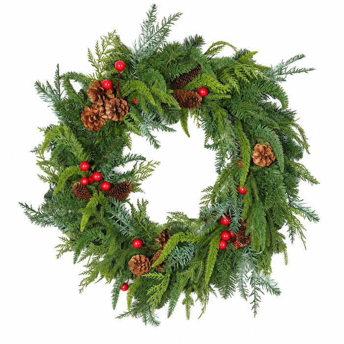 30" Outdoor UV-Resistant PE Soft-Touch Artificial Mixed Pine, Pinecone & Berry Wreath -Green/Red - A-260340