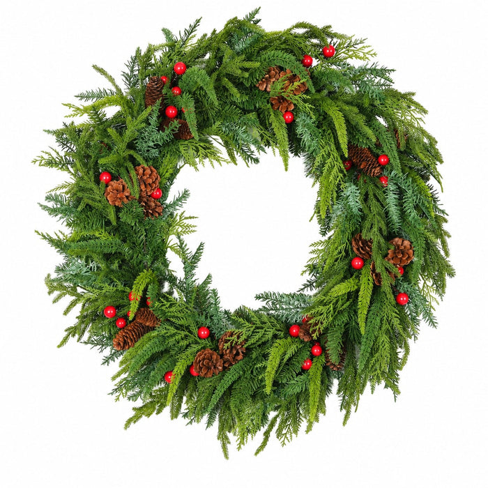 34" Outdoor UV-Resistant PE Soft-Touch Artificial Mixed Pine, Pinecone & Berry Wreath -Green/Red - A-260350