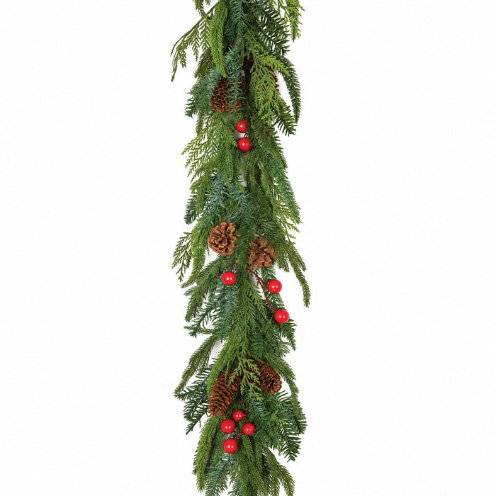 6'Lx8"W Outdoor UV-Resistant PE Artificial Mixed Cedar, Fir, Pine, Pinecone & Berry Garland -Green/Red (Pack of 2) - A-260360
