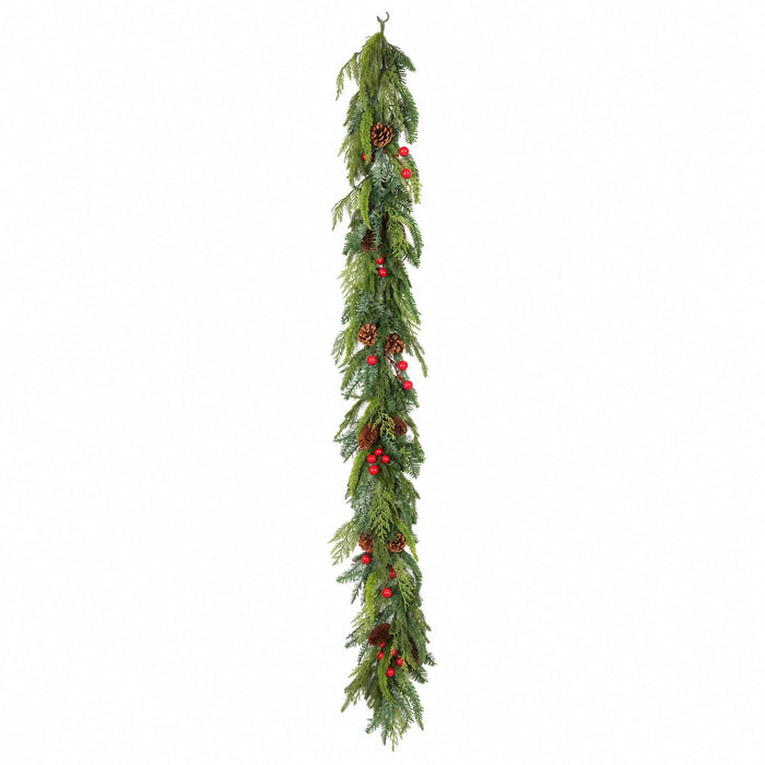 6'Lx8"W Outdoor UV-Resistant PE Artificial Mixed Cedar, Fir, Pine, Pinecone & Berry Garland -Green/Red (Pack of 2) - A-260360