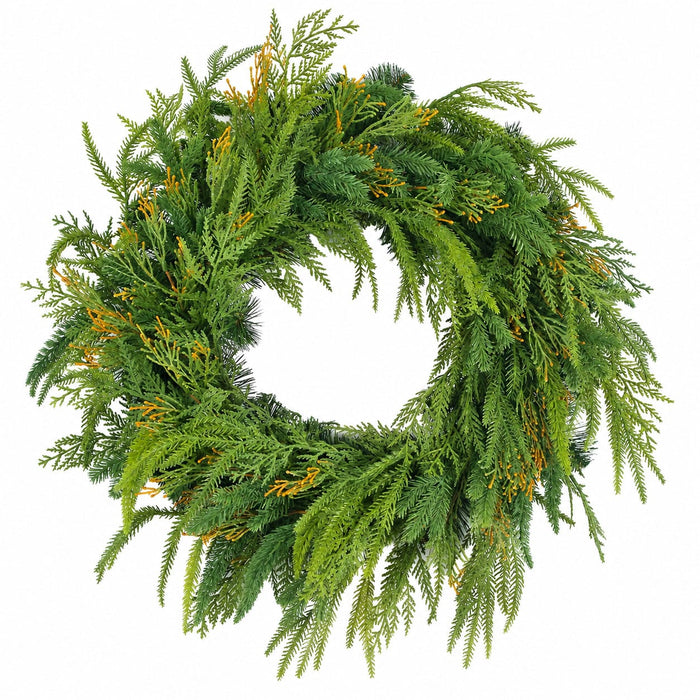24" Outdoor UV-Resistant PE Soft-Touch Artificial Mixed Cedar & Cypress Wreath -Green/Brown (Pack of 2) - A-260390