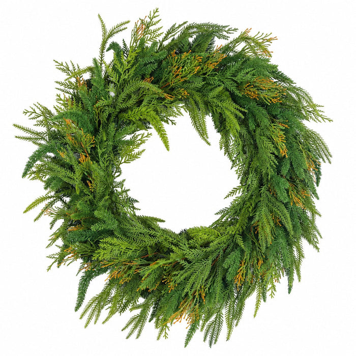 30" Outdoor UV-Resistant PE Soft-Touch Artificial Mixed Cedar & Cypress Wreath -Green/Brown - A-260400