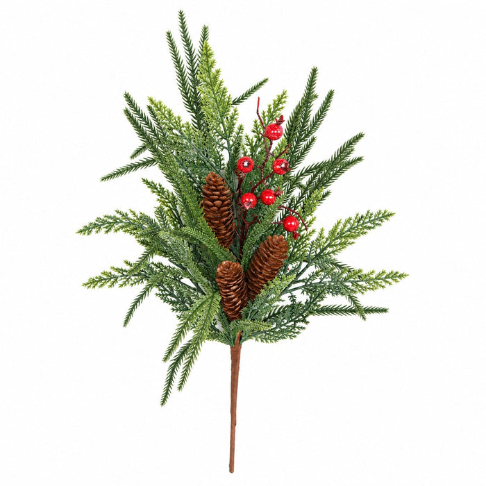 21" Glittered Mixed Leaf, Pinecone & Berry Artificial Stem -Green/Red (Pack of 12) - A-260700
