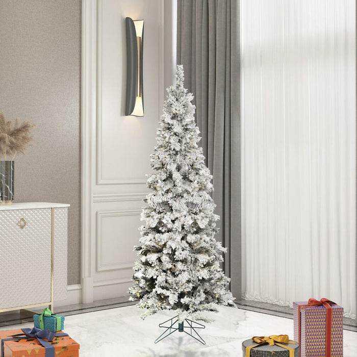 5'6"Hx30"W Flocked Pencil Pacific Pine Artificial Christmas Tree, LED Pre-Lit -White - A100356LED