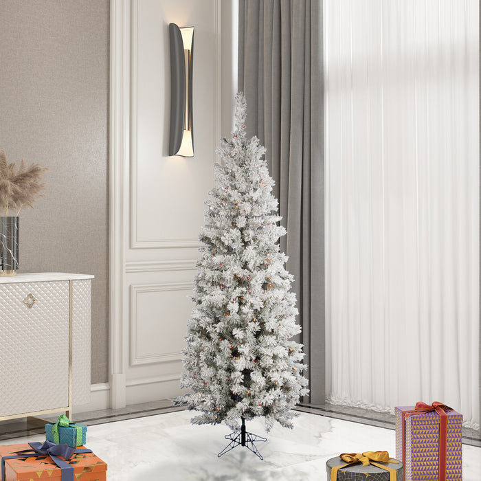 5'6"Hx30"W Flocked Pencil Pacific Pine Artificial Christmas Tree, LED Pre-Lit (Multicolor) -White - A100357LED
