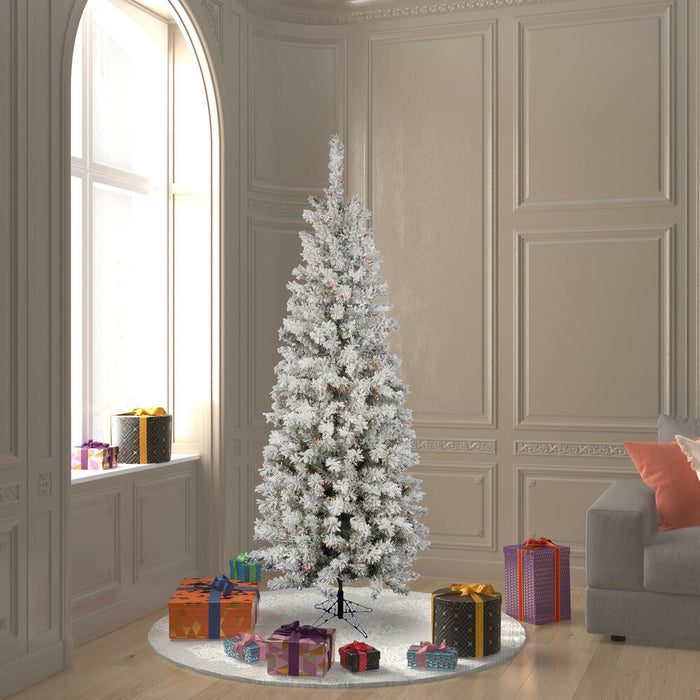 6'6"Hx32"W Flocked Pencil Pacific Pine Artificial Christmas Tree, LED Pre-Lit (Multicolor) -White - A100367LED