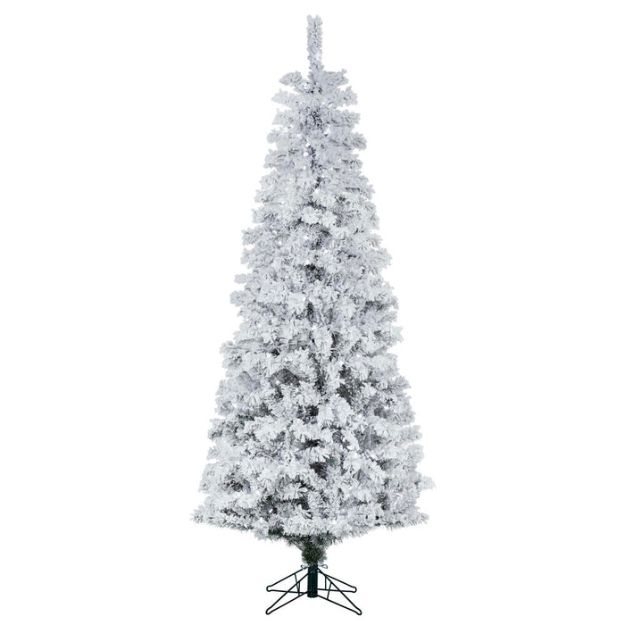 7'6"Hx36"W Flocked Pencil Pacific Pine Artificial Christmas Tree, LED Pre-Lit -White - A100376LED