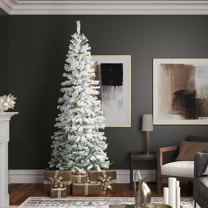 7'6"Hx36"W Flocked Pencil Pacific Pine Artificial Christmas Tree, LED Pre-Lit -White - A100376LED