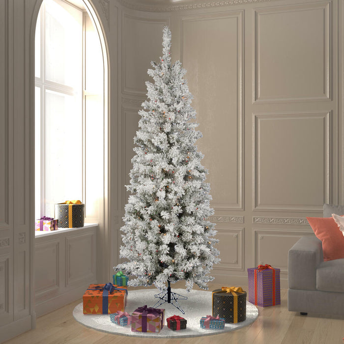 7'6"Hx36"W Flocked Pencil Pacific Pine Artificial Christmas Tree, LED Pre-Lit (Multicolor) -White - A100377LED