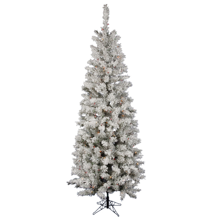 8'6"Hx40"W Flocked Pencil Pacific Pine Artificial Christmas Tree, LED Pre-Lit (Multicolor) -White - A100382LED