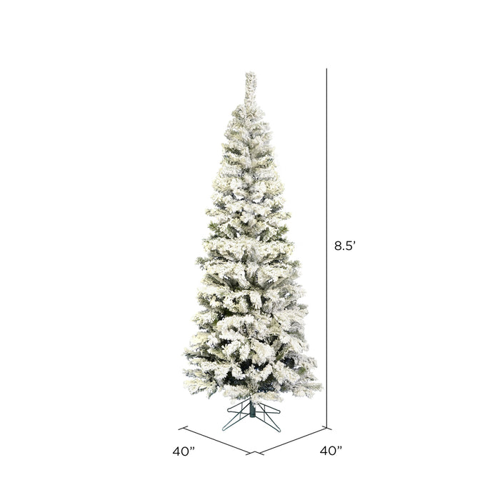 8'6"Hx40"W Flocked Pencil Pacific Pine Artificial Christmas Tree, Unlit -White - A100380