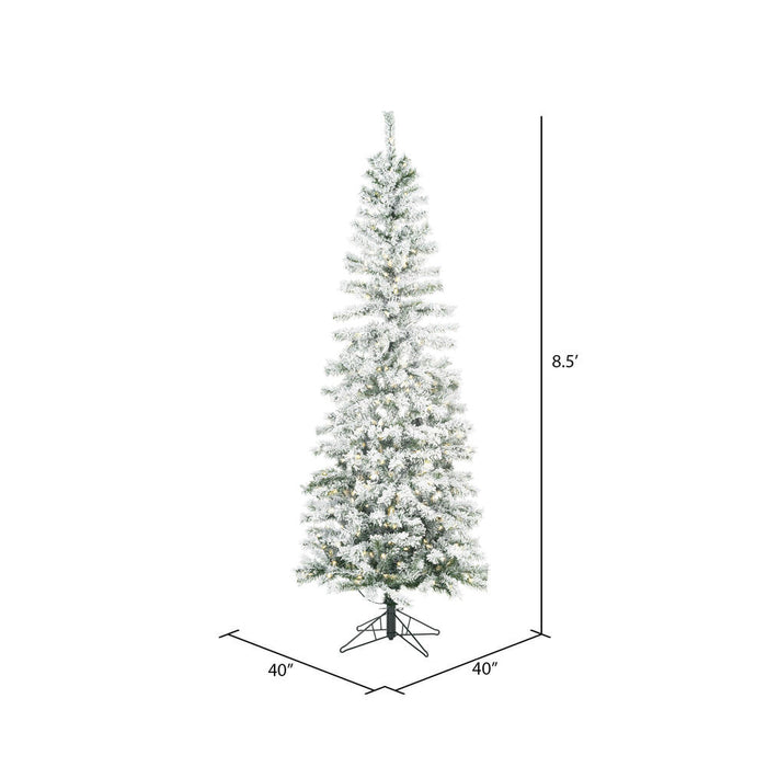 8'6"Hx40"W Flocked Pencil Pacific Pine Artificial Christmas Tree, LED Pre-Lit -White - A100381LED