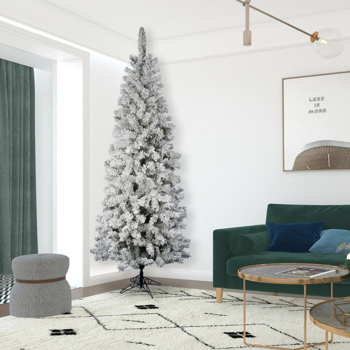 8'6"Hx40"W Flocked Pencil Pacific Pine Artificial Christmas Tree, LED Pre-Lit -White - A100381LED