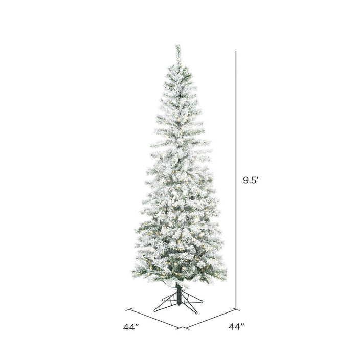 9'6"Hx44"W Flocked Pencil Pacific Pine Artificial Christmas Tree, LED Pre-Lit -White - A100386LED