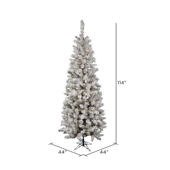 9'6"Hx44"W Flocked Pencil Pacific Pine Artificial Christmas Tree, LED Pre-Lit (Multicolor) -White - A100387LED