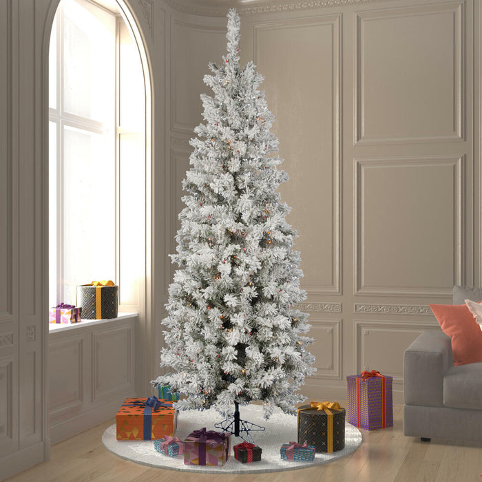 9'6"Hx44"W Flocked Pencil Pacific Pine Artificial Christmas Tree, LED Pre-Lit (Multicolor) -White - A100387LED
