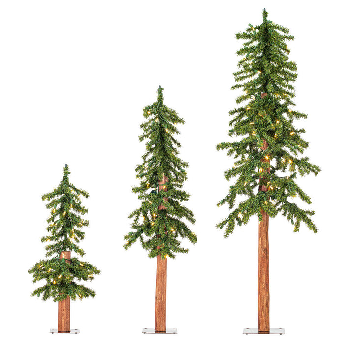 4'Hx25"W Set Of Natural Trunk Alpine Artificial Christmas Trees, LED Pre-Lit -Green - A805181LED