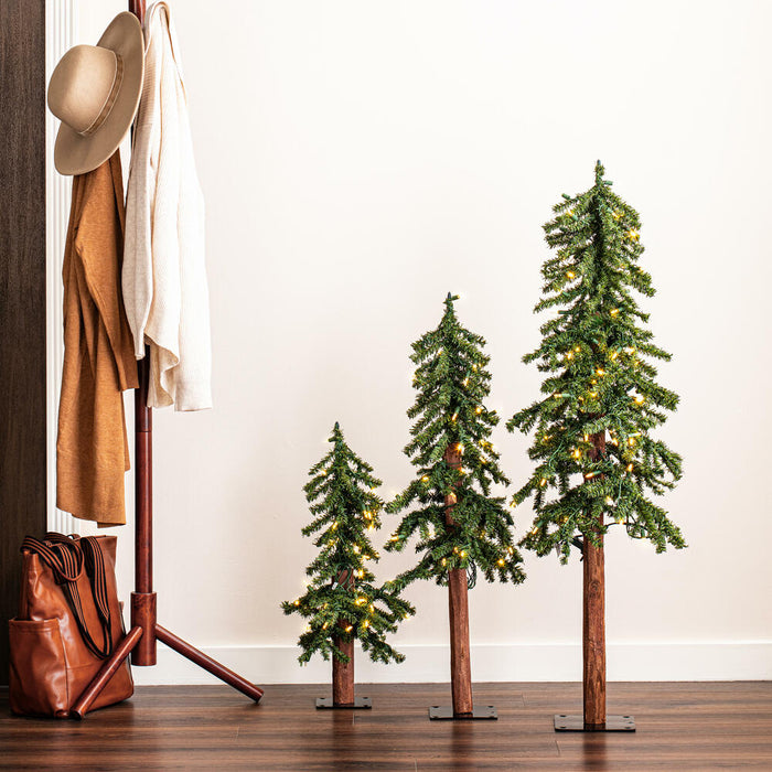4'Hx25"W Set Of Natural Trunk Alpine Artificial Christmas Trees, LED Pre-Lit -Green - A805181LED