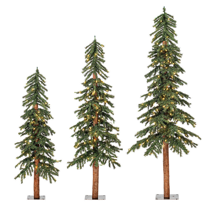 6'Hx33"W Set Of Natural Trunk Alpine Artificial Christmas Trees, LED Pre-Lit -Green - A805184LED