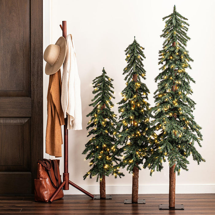 6'Hx33"W Set Of Natural Trunk Alpine Artificial Christmas Trees, LED Pre-Lit -Green - A805184LED