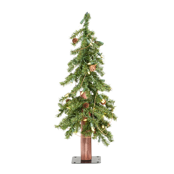 2'Hx14"W Natural Trunk Alpine Artificial Christmas Tree With Pinecone & Vines, LED Pre-Lit -Green - A807221LED