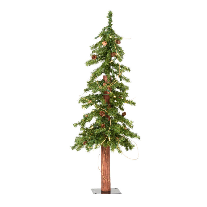 3'Hx22"W Natural Trunk Alpine Artificial Christmas Tree With Pinecone & Vines, LED Pre-Lit -Green - A807231LED