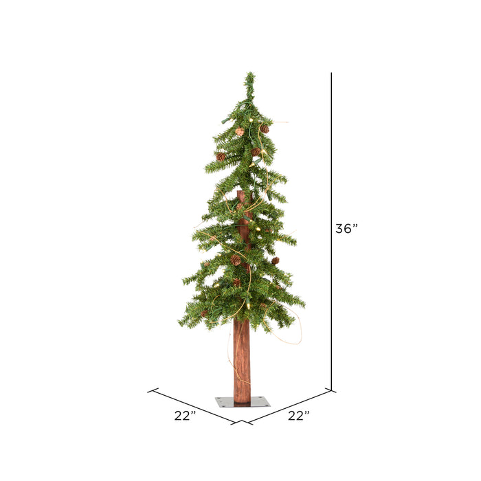 3'Hx22"W Natural Trunk Alpine Artificial Christmas Tree With Pinecone & Vines, LED Pre-Lit -Green - A807231LED