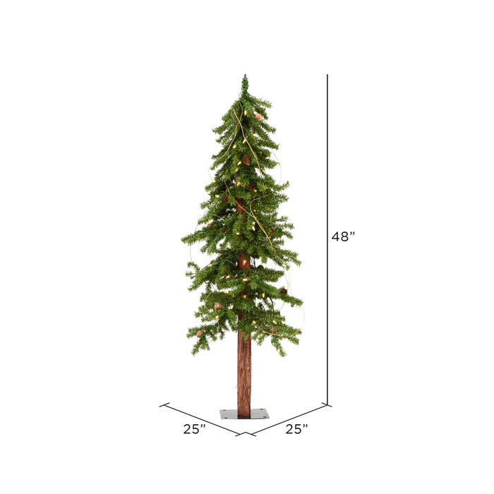 4'Hx25"W Natural Trunk Alpine Artificial Christmas Tree With Pinecone & Vines, LED Pre-Lit -Green - A807241LED