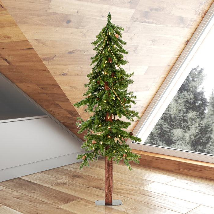 4'Hx25"W Natural Trunk Alpine Artificial Christmas Tree With Pinecone & Vines, LED Pre-Lit -Green - A807241LED