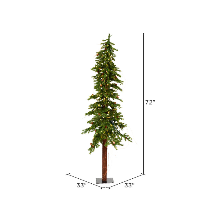 6'Hx33"W Natural Trunk Alpine Artificial Christmas Tree With Pinecone & Vines, LED Pre-Lit -Green - A807261LED