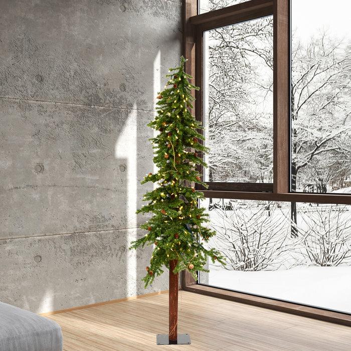 6'Hx33"W Natural Trunk Alpine Artificial Christmas Tree With Pinecone & Vines, LED Pre-Lit -Green - A807261LED