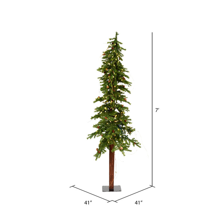 7'Hx41"W Natural Trunk Alpine Artificial Christmas Tree With Pinecone & Vines, LED Pre-Lit -Green - A807271LED