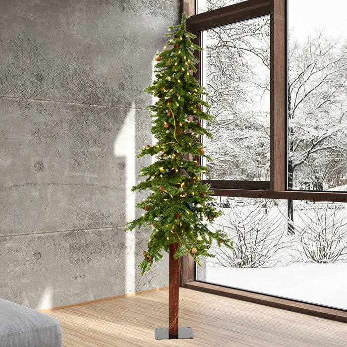 7'Hx41"W Natural Trunk Alpine Artificial Christmas Tree With Pinecone & Vines, LED Pre-Lit -Green - A807271LED