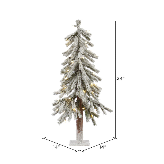 2'Hx14"W Flocked Natural Trunk Alpine Artificial Christmas Tree, LED Pre-Lit -White/Green - A807421LED