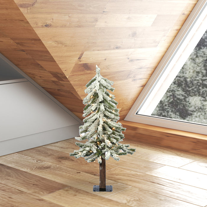 2'Hx14"W Flocked Natural Trunk Alpine Artificial Christmas Tree, LED Pre-Lit -White/Green - A807421LED