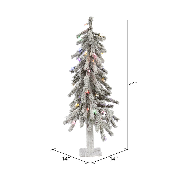 2'Hx14"W Flocked Natural Trunk Alpine Artificial Christmas Tree, LED Pre-Lit (Multicolor) -White/Green - A807422LED