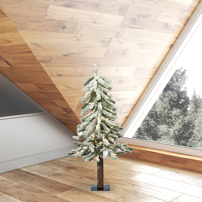 3'Hx21"W Flocked Natural Trunk Alpine Artificial Christmas Tree, LED Pre-Lit -White/Green - A807431LED