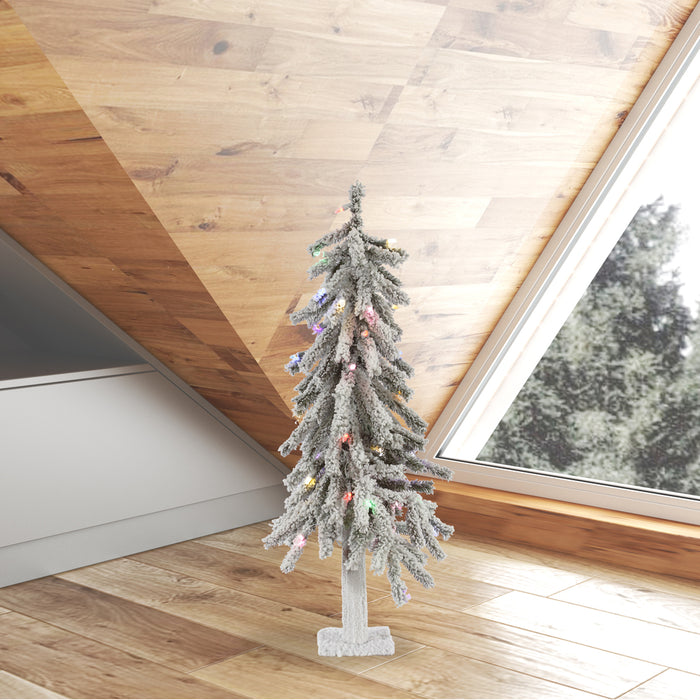 3'Hx21"W Flocked Natural Trunk Alpine Artificial Christmas Tree, LED Pre-Lit (Multicolor) -White/Green - A807432LED