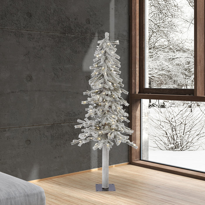 5'Hx27"W Flocked Natural Trunk Alpine Artificial Christmas Tree, LED Pre-Lit -White/Green - A807451LED