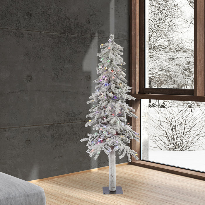 5'Hx27"W Flocked Natural Trunk Alpine Artificial Christmas Tree, LED Pre-Lit (Multicolor) -White/Green - A807452LED