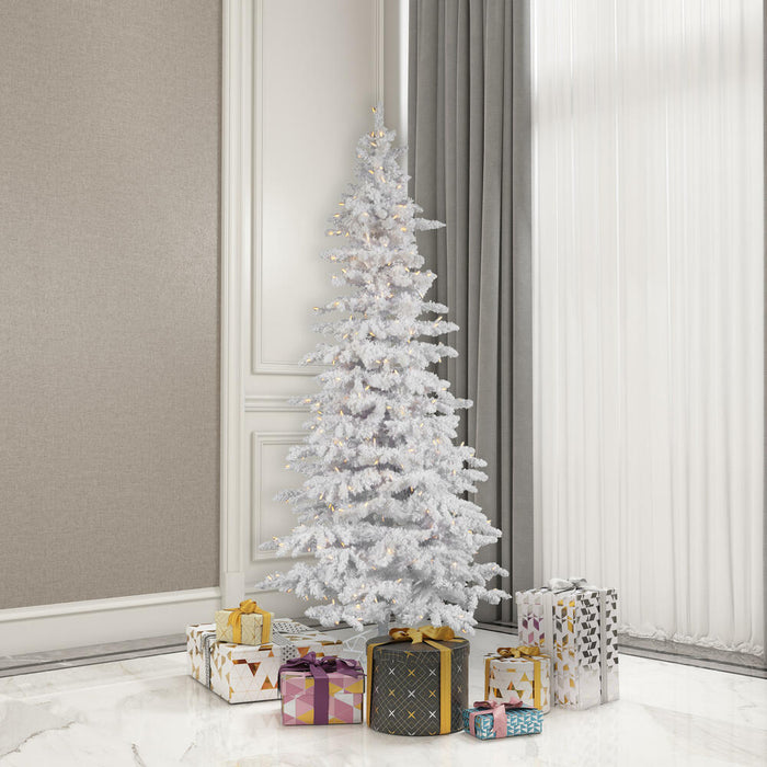 6'6"Hx39"W Flocked Slim White Spruce Artificial Christmas Tree, LED Pre-Lit -White - A893566LED