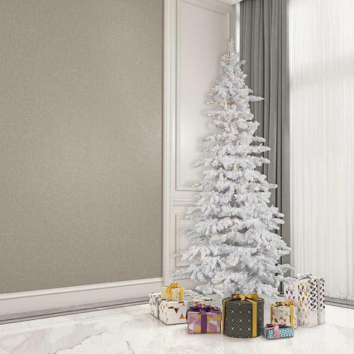 9'Hx49"W Flocked Slim White Spruce Artificial Christmas Tree, LED Pre-Lit -White - A893581LED