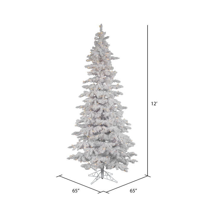 12'Hx65"W Flocked Slim White Spruce Artificial Christmas Tree, LED Pre-Lit -White - A893591LED